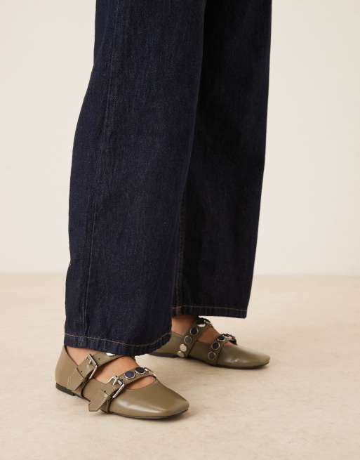 ASOS DESIGN - Liesel - Ballerine Mary Jane kaki con borchie e cinturini doppi, 4 di 4