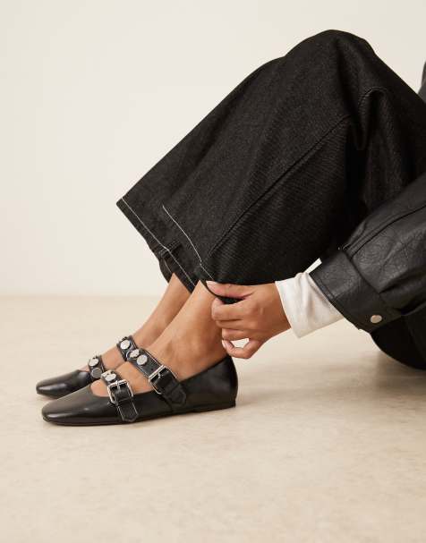 ASOS DESIGN - Liesel - Mary Jane ballerina's met dubbele bandjes en studs in zwart - view 1