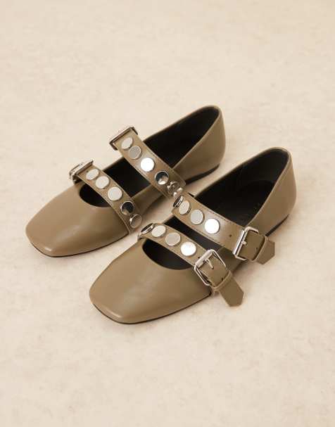 ASOS DESIGN – Liesel – Mit Nieten besetzte Mary-Jane-Ballerinas in Khaki mit doppelten Riemchen - view 1