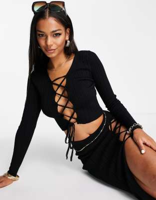 ASOS DESIGN light knit lace up beach crop top in black - part of a set