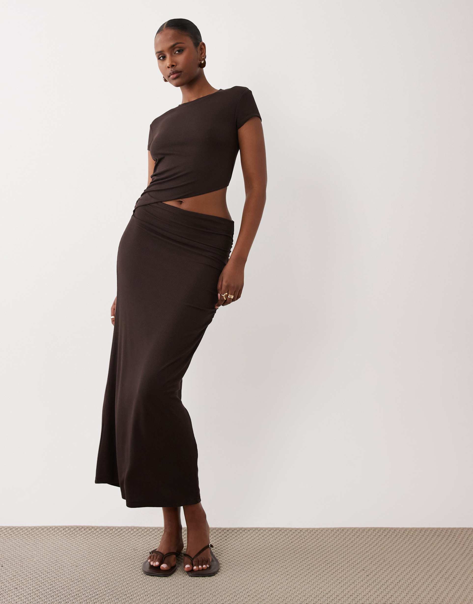 asos design light rib cut-out midi dress in chocolate