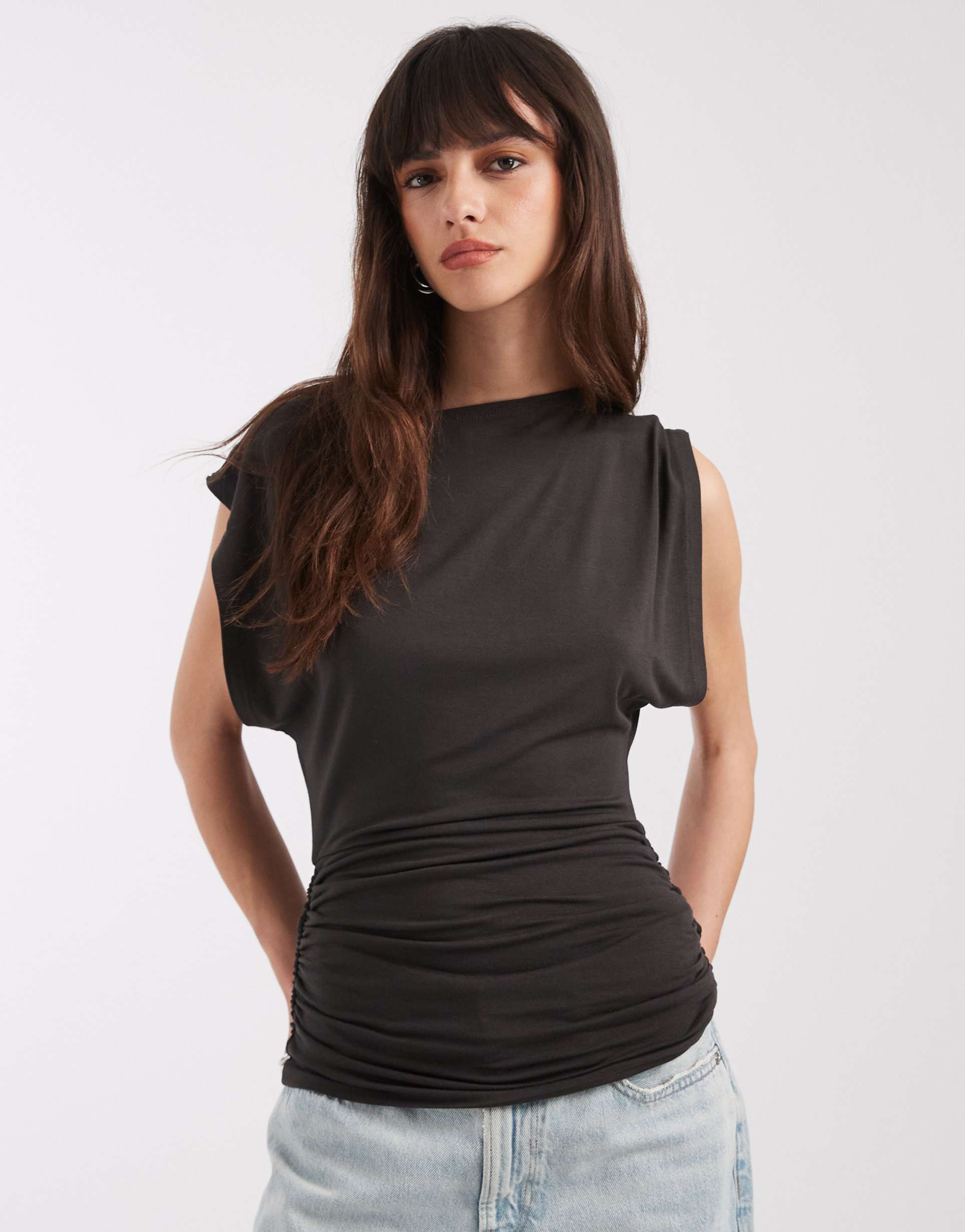 asos design light weight ruched detail tank in charcoal