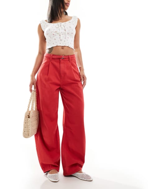 ASOS DESIGN lightweight barrel jean with belt in red - view 1