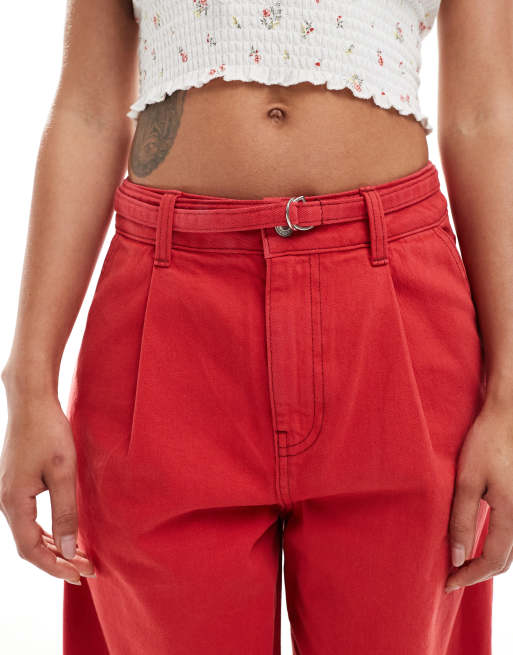 ASOS DESIGN lightweight barrel jeans with belt in red