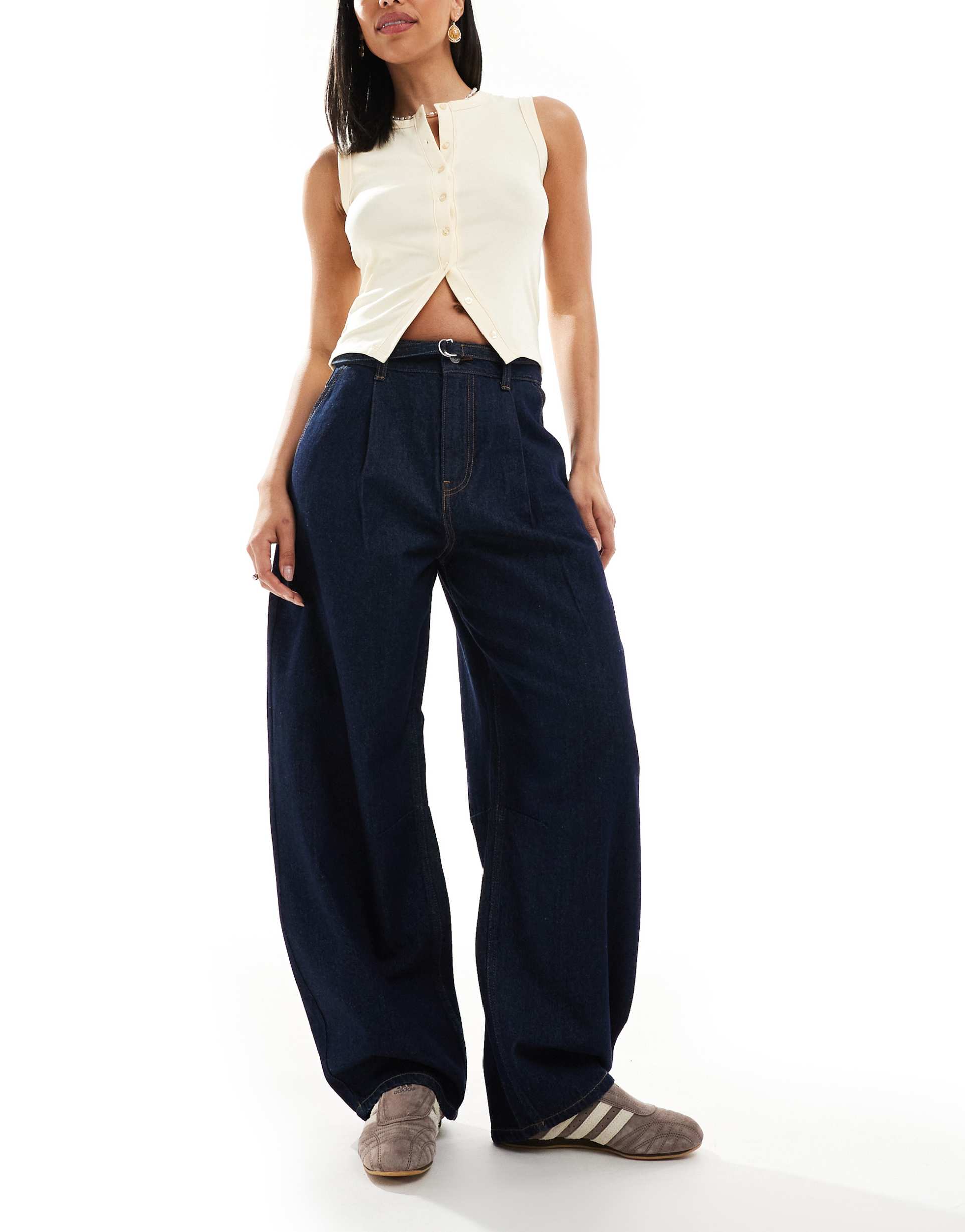 asos design lightweight barrel leg jeans with belt in soft rinse