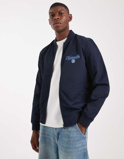 ASOS DESIGN lightweight bomber jacket with print in navy, 3 of 5