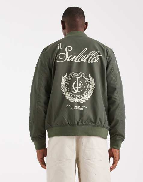 ASOS DESIGN lightweight bomber jacket with prints in khaki green - view 1