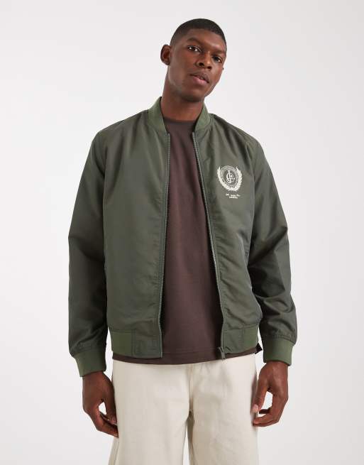 ASOS DESIGN lightweight bomber jacket with prints in khaki green, 3 of 5