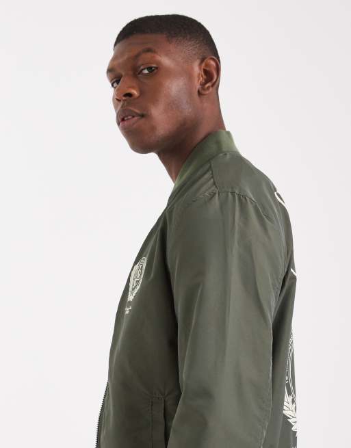 ASOS DESIGN lightweight bomber jacket with prints in khaki green, 4 of 5