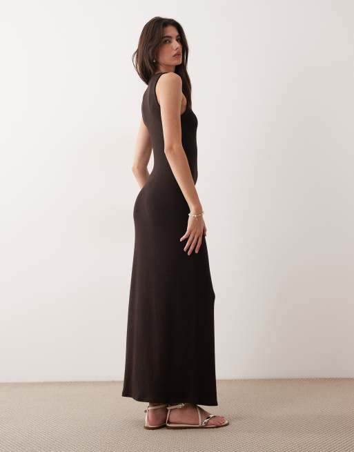 ASOS DESIGN lightweight bouclé scoop maxi dress in chocolate, 4 of 4