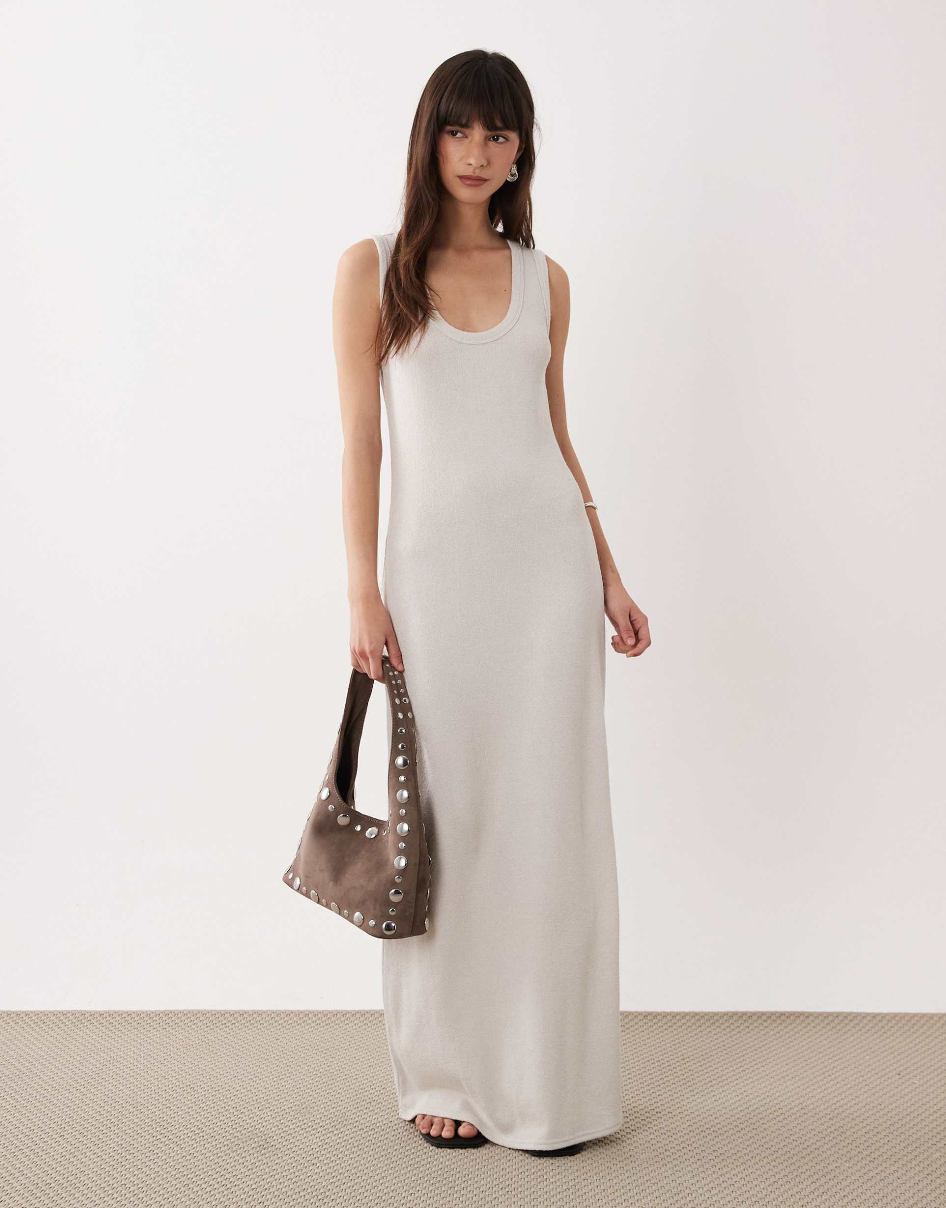 asos design lightweight boucle scoop maxi dress in stone