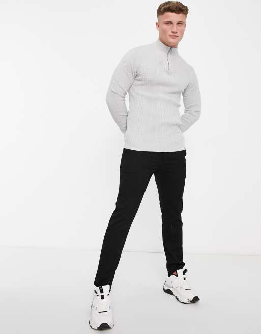 ASOS DESIGN heavyweight cable knit half zip sweater in gray