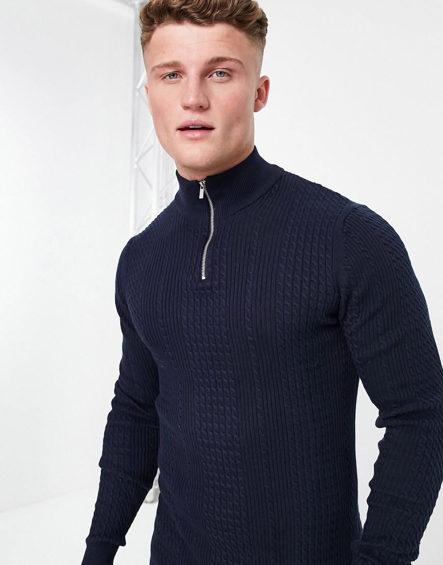 ASOS DESIGN lightweight cable knit half zip sweater in navy