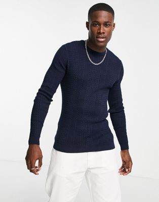 ASOS DESIGN lightweight cable knit jumper in navy