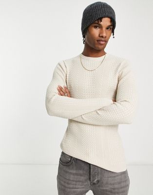 ASOS DESIGN lightweight cable knit jumper in oatmeal marl