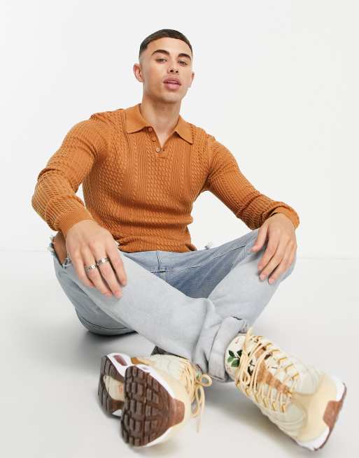 ASOS DESIGN lightweight cable knit polo sweater in tan