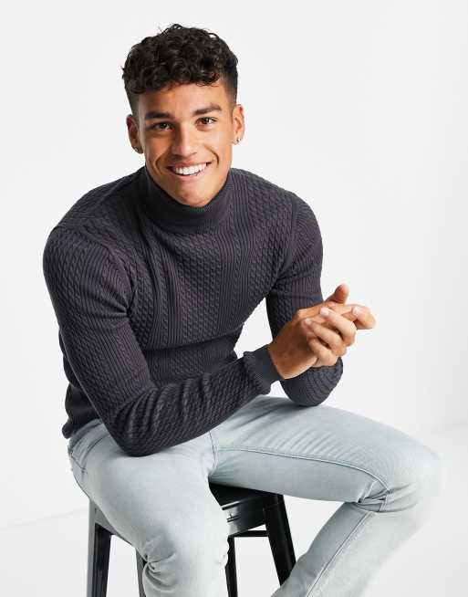 ASOS DESIGN lightweight cable knit roll neck jumper in charcoal marl