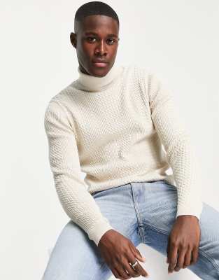 ASOS DESIGN lightweight cable knit roll neck jumper in oatmeal