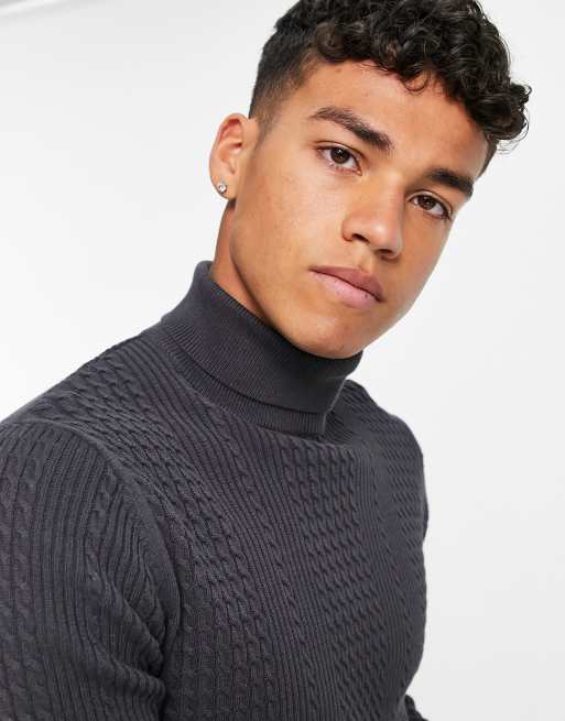 ASOS DESIGN lightweight cable knit roll neck sweater in charcoal heather ASOS