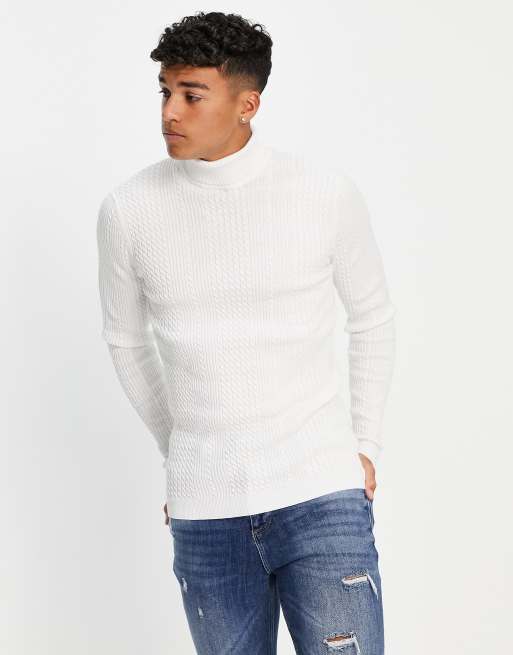 Asos Design Lightweight Cable Knit Roll Neck Sweater In White Asos 7524