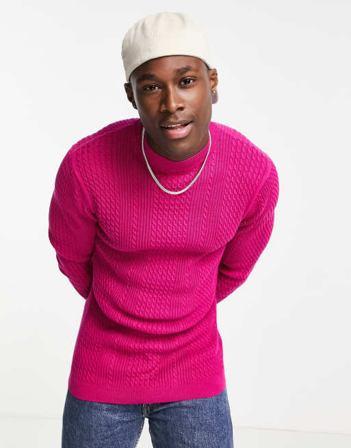 ASOS DESIGN lightweight cable knit turtleneck jumper in fuchsia ASOS