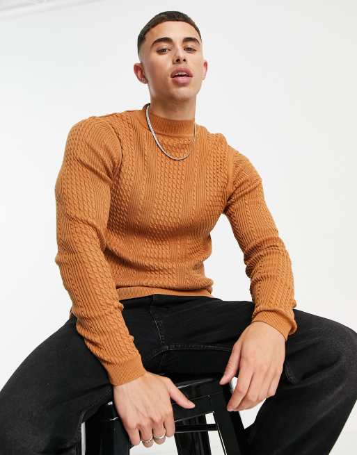ASOS DESIGN lightweight cable knit turtleneck jumper in light brown