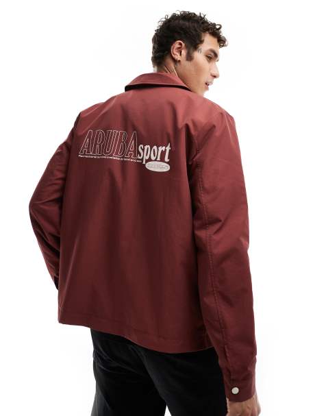 ASOS DESIGN lightweight collegiate harrington jacket in red with white back print - view 1
