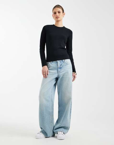 ASOS DESIGN lightweight cotton elastane long sleeve crew neck tee in black - view 1