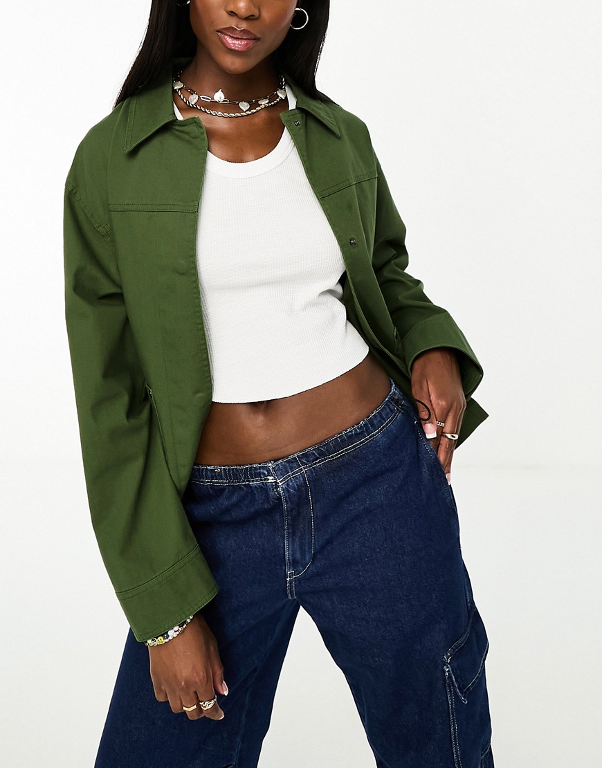 ASOS DESIGN lightweight cotton pocket shacket in dark khaki-Green