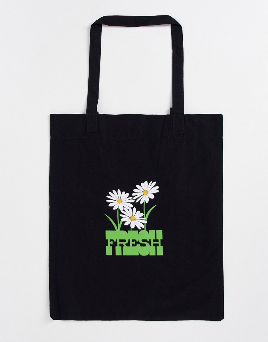 ASOS DESIGN lightweight cotton tote bag with floral print in black - BLACK