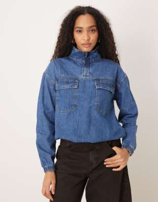 Asos Design Lightweight Denim Funnel Neck Shirt In Blue