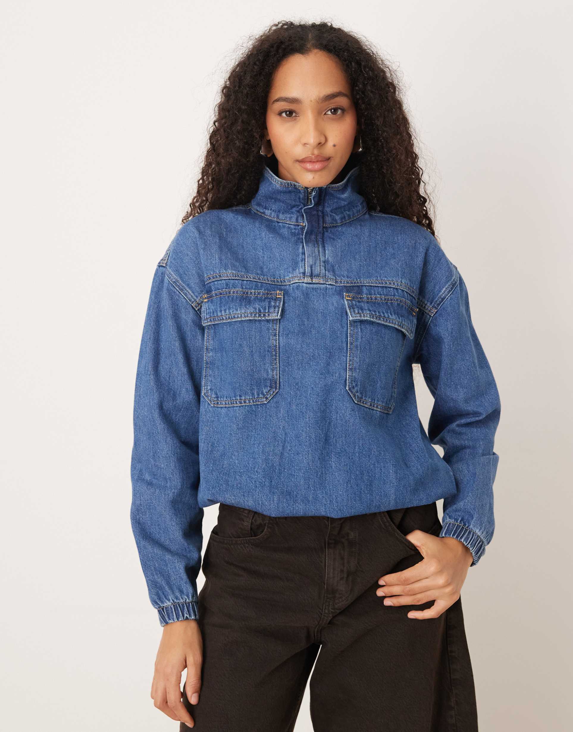 asos design lightweight denim funnel neck shirt in mid blue