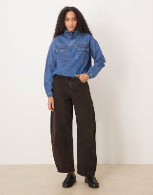 Asos Design Lightweight Denim Funnel Neck Shirt In Blue