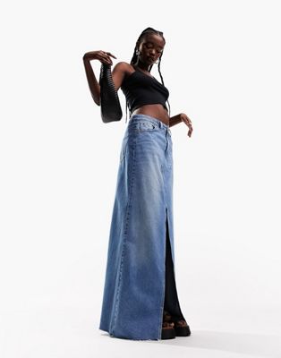 ASOS DESIGN lightweight denim maxi skirt with split front in blue | ASOS