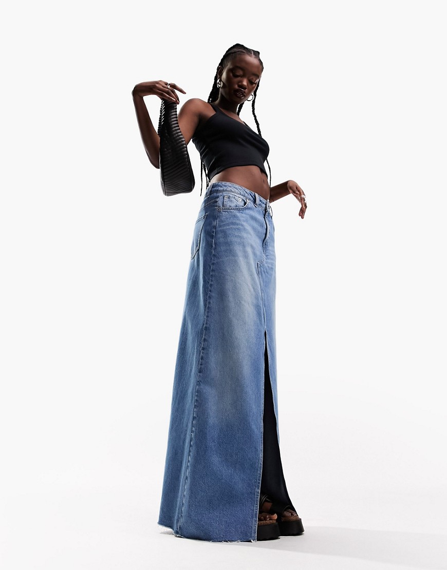 ASOS DESIGN lightweight denim maxi skirt with split front in blue