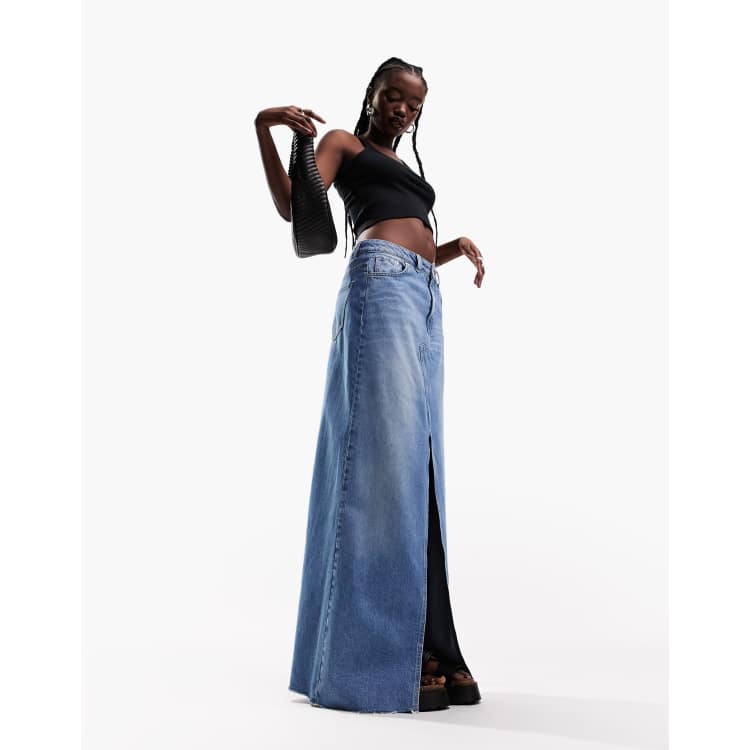 ASOS DESIGN lightweight denim maxi skirt with split front in blue