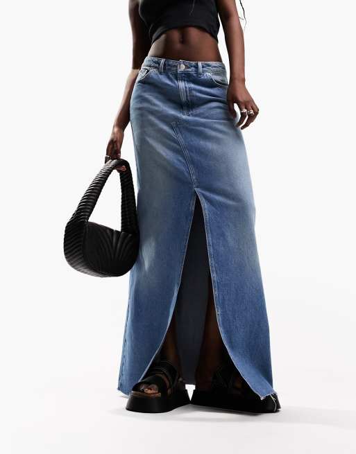 ASOS DESIGN lightweight denim maxi skirt with split front in blue