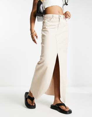 lightweight denim maxi skirt with split front in taupe-Neutral