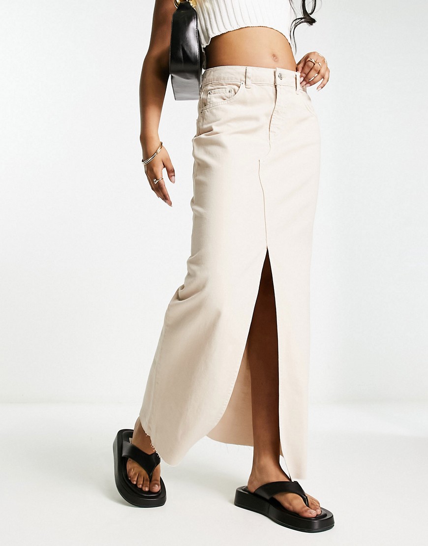 ASOS DESIGN lightweight denim maxi skirt with split front in taupe-Neutral