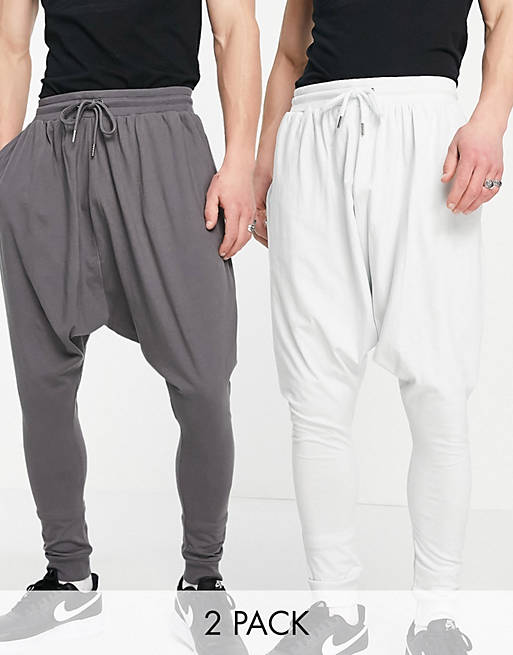 Men lightweight extreme drop crotch joggers 2 pack in charcoal/light grey 