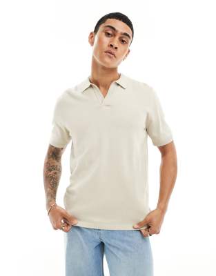 Asos Design Knit Midweight Cotton Notch Neck Polo In Stone-neutral In Neutral