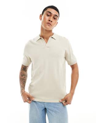 Asos Design Knit Midweight Cotton Notch Neck Polo In Stone-neutral