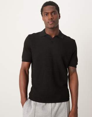 Asos Design Lightweight Knit Polo Shirt With Marl Texture In Black