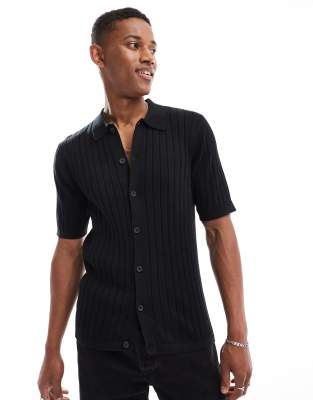 Asos Design Lightweight Knit Ribbed Button Up Polo In Black In Black