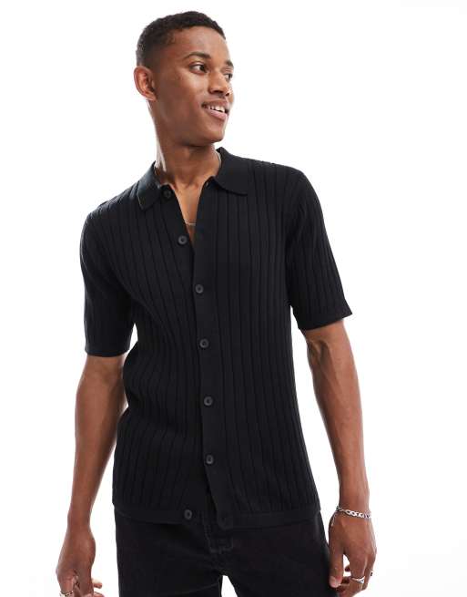 ASOS DESIGN lightweight knit ribbed button up polo in black ASOS