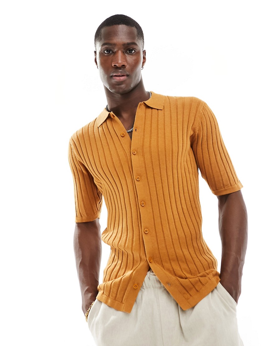 Asos Design Lightweight Knit Ribbed Button Up Polo In Burnt Orange