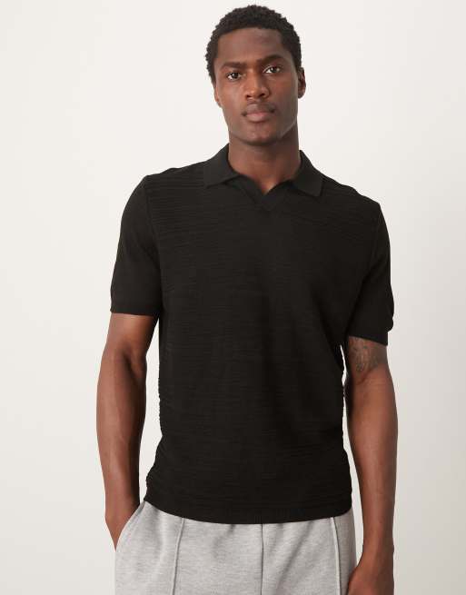 ASOS DESIGN lightweight knitted boxy polo shirt with marl texture in black