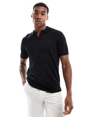 Asos Design Lightweight Knitted Cotton Notch Neck Polo In Black