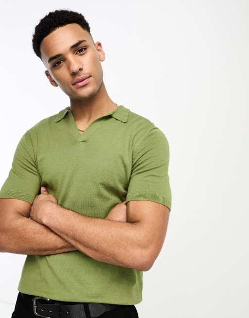 ASOS DESIGN lightweight knitted cotton notch neck polo in khaki