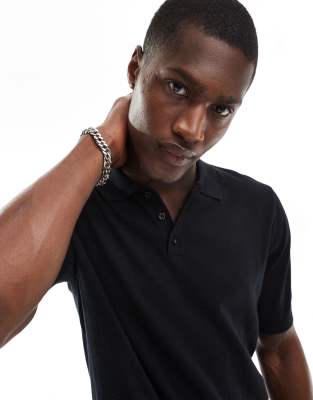Asos Design Lightweight Knitted Cotton Polo In Black In Black